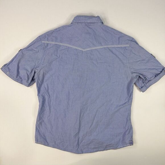 Dragonfly Mens Y2K Patched AOP Button Down Shirt Blue Stripe Pearl Snap Size L - Picture 2 of 9